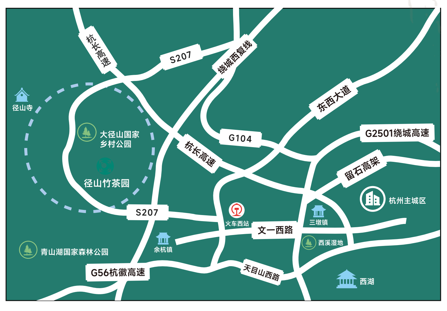 径山竹茶园与杭州周边道路交通示意图